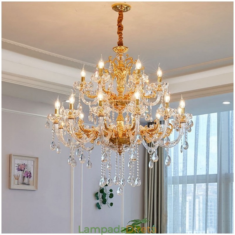 Lustre de vela de cristal de luxo dourado de duas camadas com 18 luzes