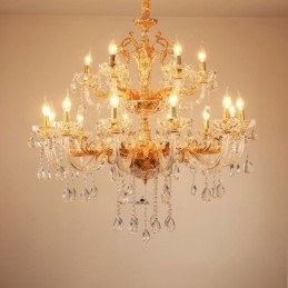 Lustre de vela de cristal de luxo dourado de duas camadas com 18 luzes