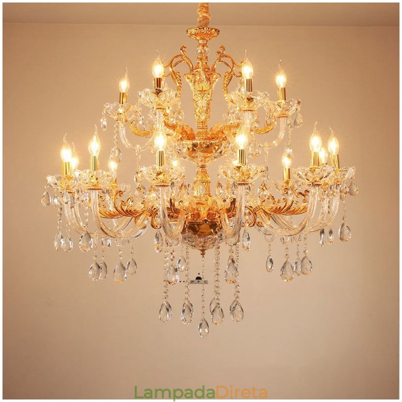 Lustre de vela de cristal de luxo dourado de duas camadas com 18 luzes