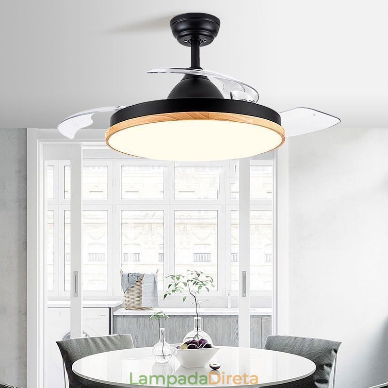 Ventilador de teto inversor moderno com controle remoto, lâmpada de teto tricolor com escurecimento