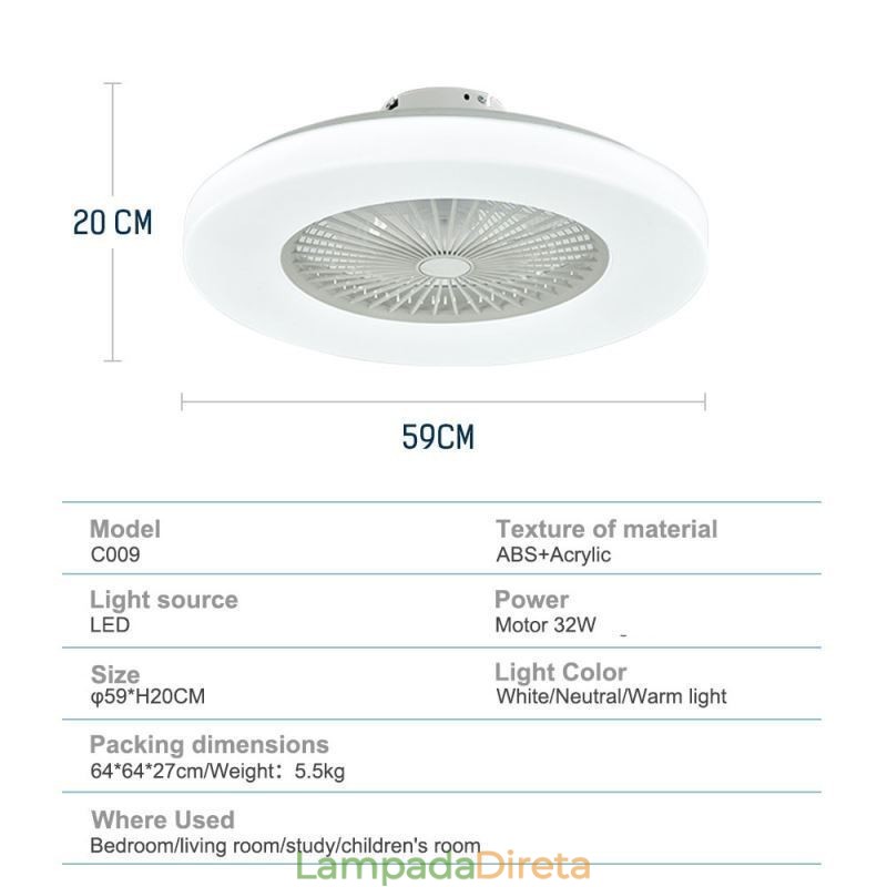Ventilador de teto Luz tricromática Dimerização 3 velocidades Controle remoto