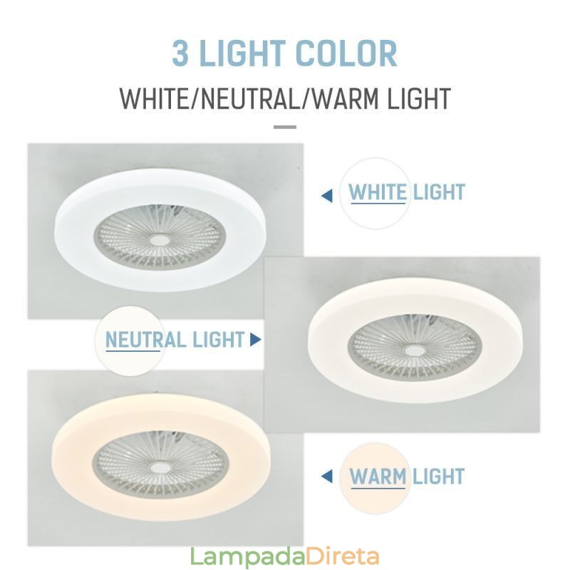Ventilador de teto Luz tricromática Dimerização 3 velocidades Controle remoto