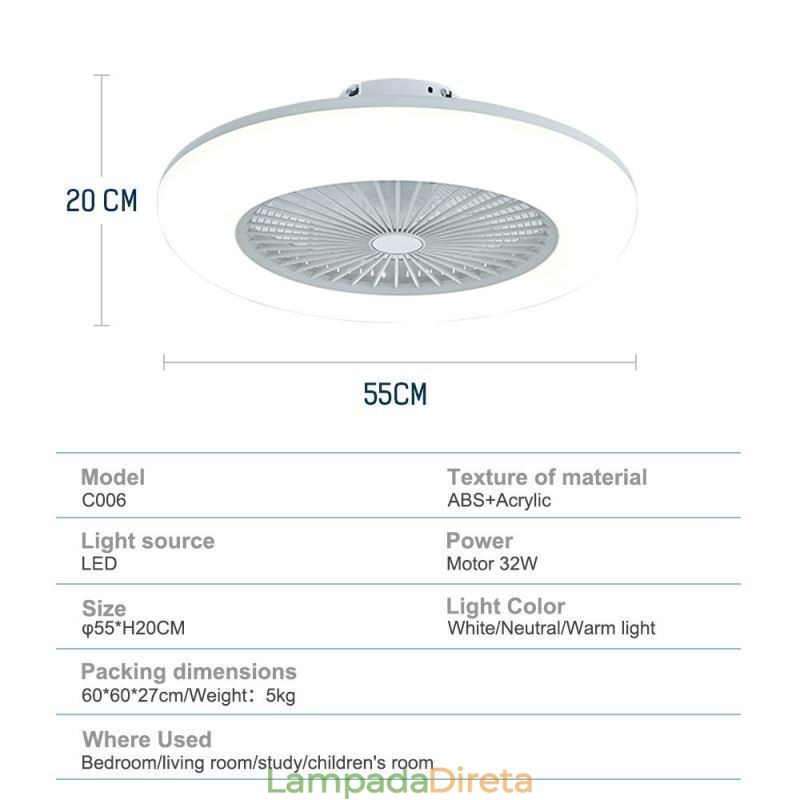 Ventilador de teto Tricromático com controle remoto e 3 velocidades