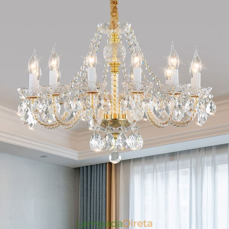 Lustre de cristal transparente europeu corpo dourado luxo decorativo luz de teto
