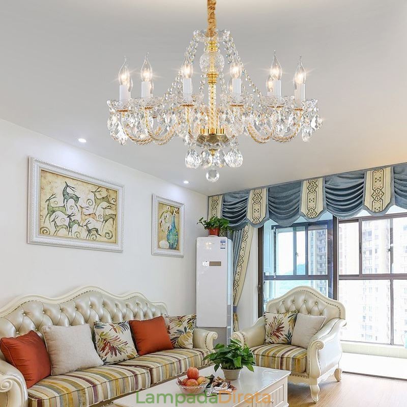Lustre de cristal transparente europeu corpo dourado luxo decorativo luz de teto
