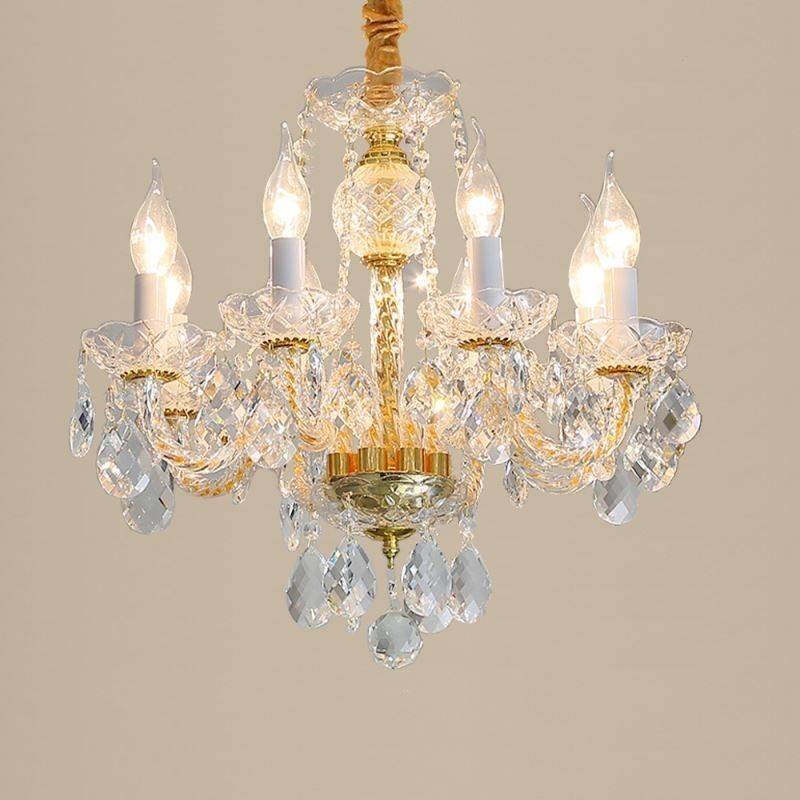 Lustre de cristal transparente europeu, corpo de lâmpada de vidro, 8 luzes, corpo dourado, lâmpada de teto