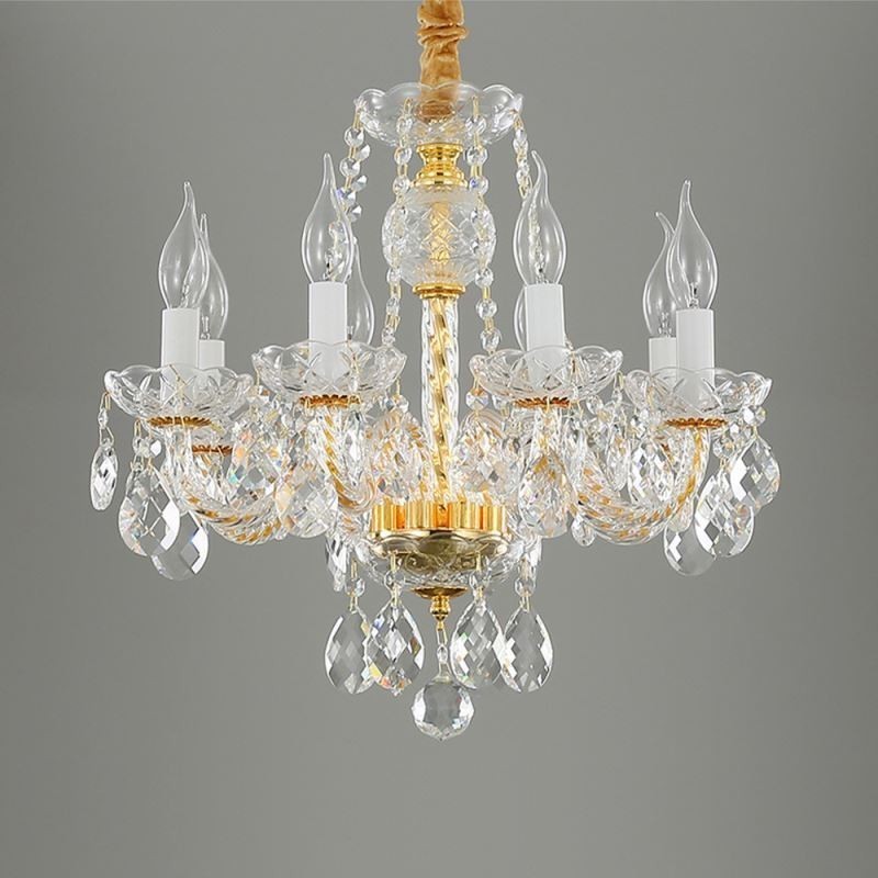 Lustre de cristal transparente europeu, corpo de lâmpada de vidro, 8 luzes, corpo dourado, lâmpada de teto