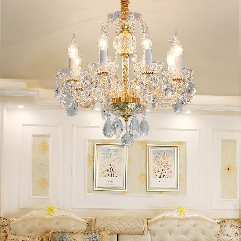 Lustre de cristal transparente europeu, corpo de lâmpada de vidro, 8 luzes, corpo dourado, lâmpada de teto