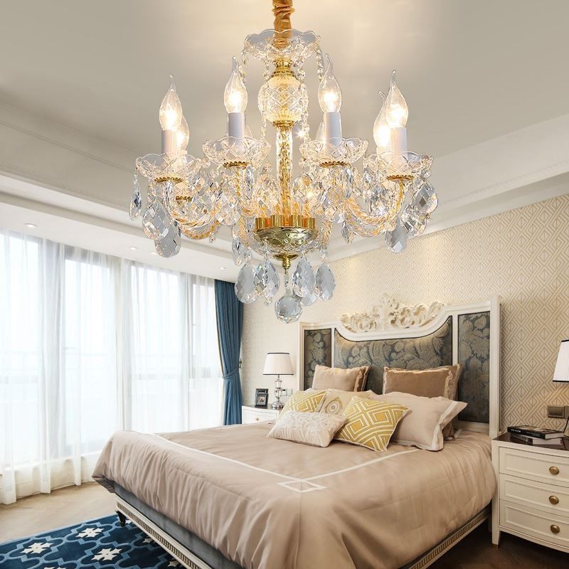 Lustre de cristal transparente europeu, corpo de lâmpada de vidro, 8 luzes, corpo dourado, lâmpada de teto