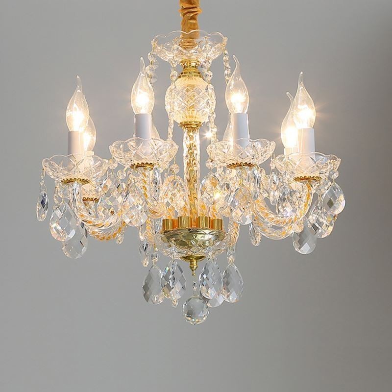 Lustre de cristal transparente europeu, corpo de lâmpada de vidro, 8 luzes, corpo dourado, lâmpada de teto
