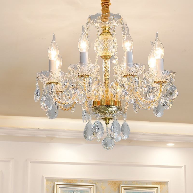 Lustre de cristal transparente europeu, corpo de lâmpada de vidro, 8 luzes, corpo dourado, lâmpada de teto