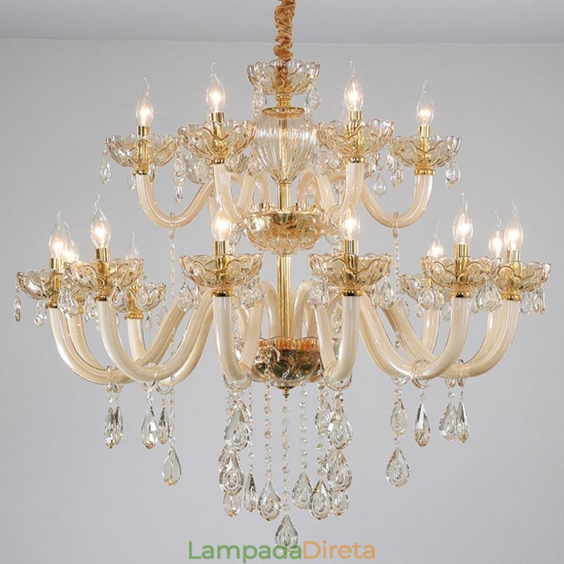 Elegante lustre de cristal europeu cor conhaque luz de teto corpo de vidro camada dupla 12 + 6 luzes