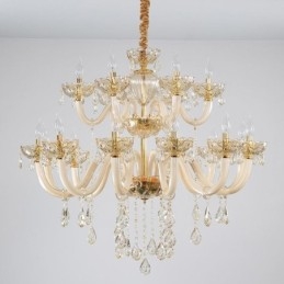 Elegante lustre de cristal europeu cor conhaque luz de teto corpo de vidro camada dupla 12 + 6 luzes