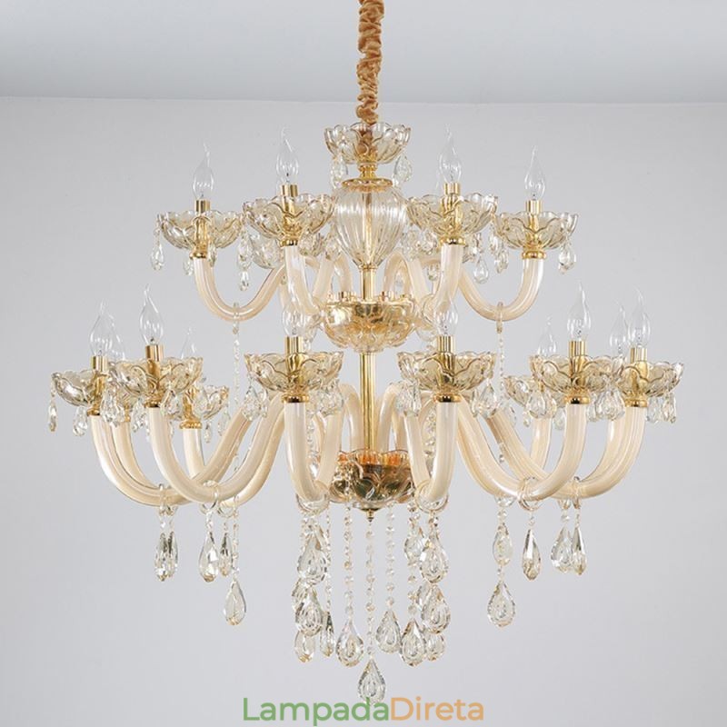 Elegante lustre de cristal europeu cor conhaque luz de teto corpo de vidro camada dupla 12 + 6 luzes