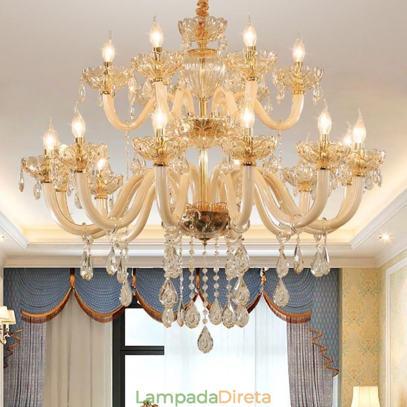 Elegante lustre de cristal europeu cor conhaque luz de teto corpo de vidro camada dupla 12 + 6 luzes