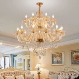 Elegante lustre de cristal europeu cor conhaque luz de teto corpo de vidro camada dupla 12 + 6 luzes