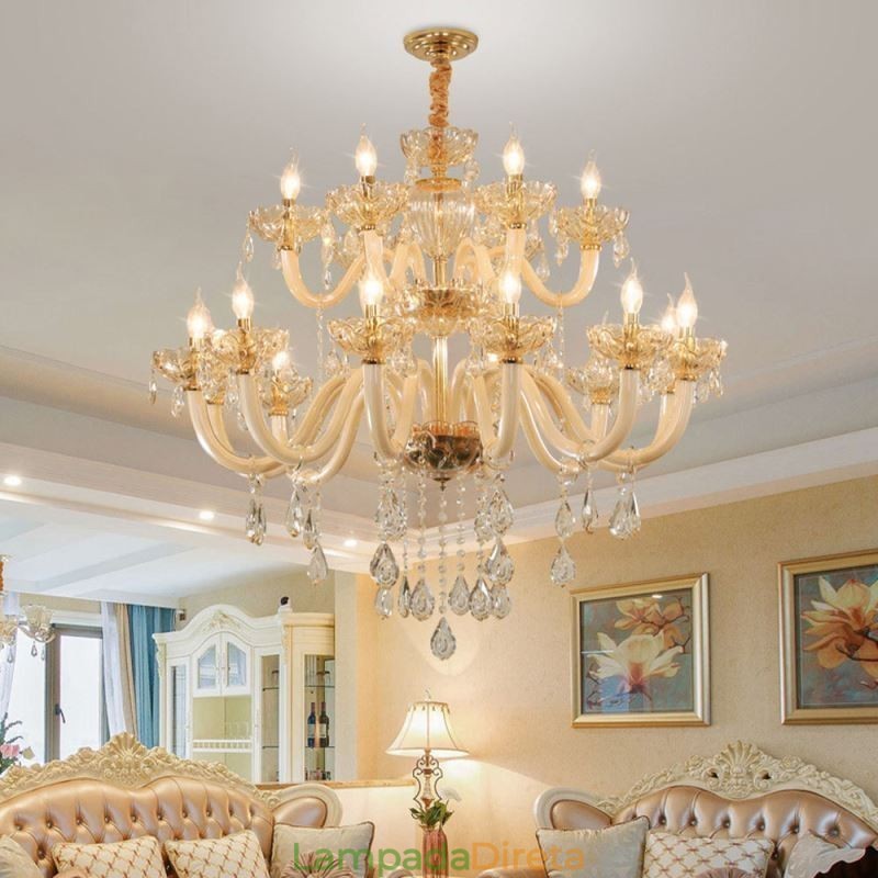 Elegante lustre de cristal europeu cor conhaque luz de teto corpo de vidro camada dupla 12 + 6 luzes