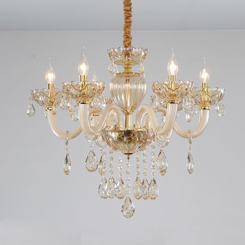 Lindo lustre de cristal europeu cor conhaque luz de teto corpo de vidro 8 luzes
