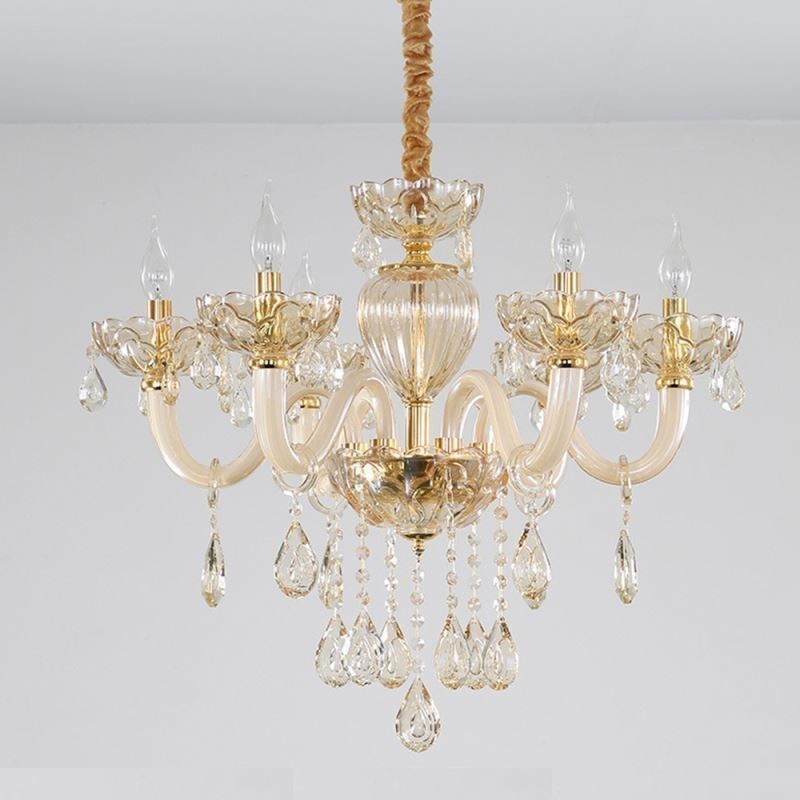 Lindo lustre de cristal europeu cor conhaque luz de teto corpo de vidro 8 luzes