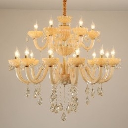Lustre de cristal luxuoso europeu cor conhaque lâmpada de teto corpo de vidro camada dupla 12 + 6 luzes