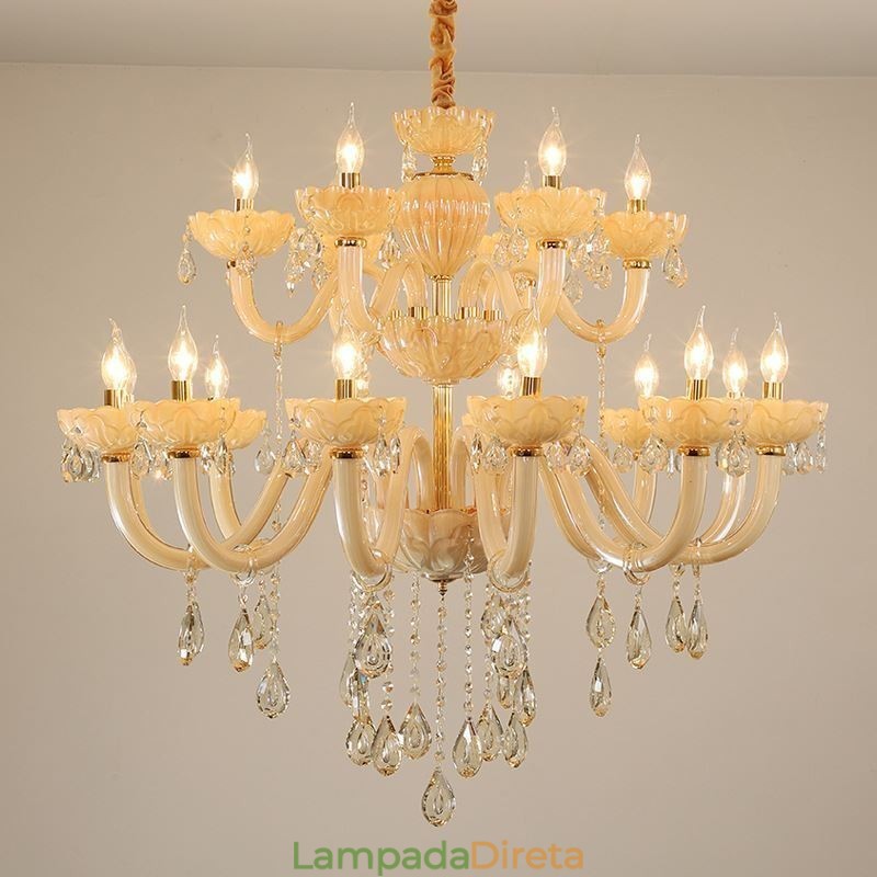 Lustre de cristal luxuoso europeu cor conhaque lâmpada de teto corpo de vidro camada dupla 12 + 6 luzes