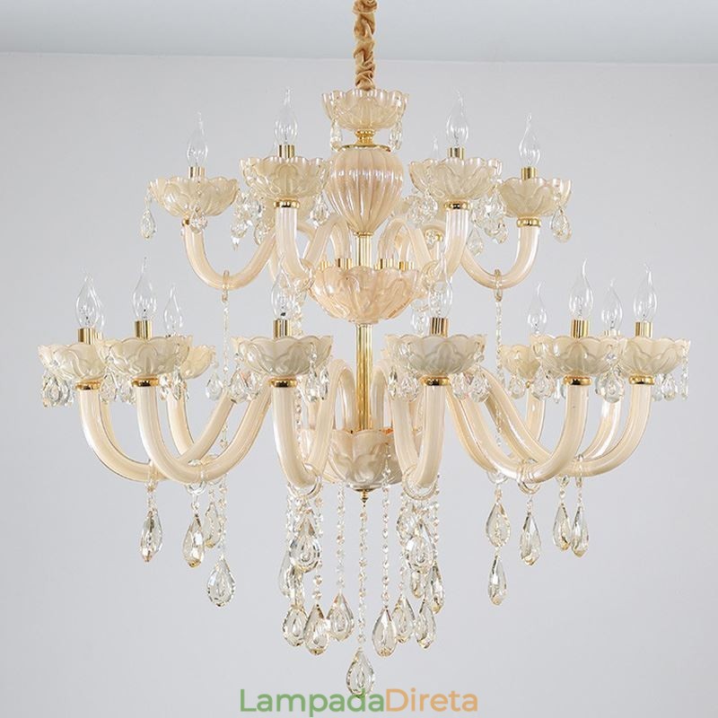 Lustre de cristal luxuoso europeu cor conhaque lâmpada de teto corpo de vidro camada dupla 12 + 6 luzes