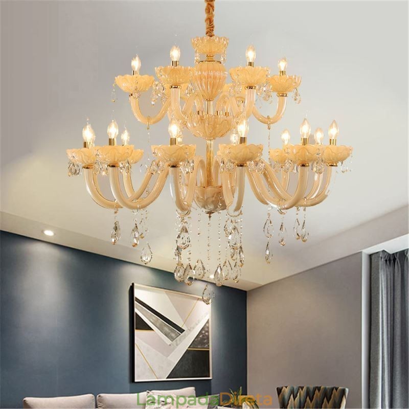 Lustre de cristal luxuoso europeu cor conhaque lâmpada de teto corpo de vidro camada dupla 12 + 6 luzes