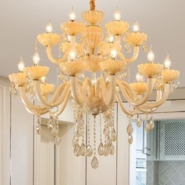 Lustre de cristal luxuoso europeu cor conhaque lâmpada de teto corpo de vidro camada dupla 12 + 6 luzes