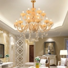 Lustre de cristal luxuoso europeu cor conhaque lâmpada de teto corpo de vidro camada dupla 12 + 6 luzes