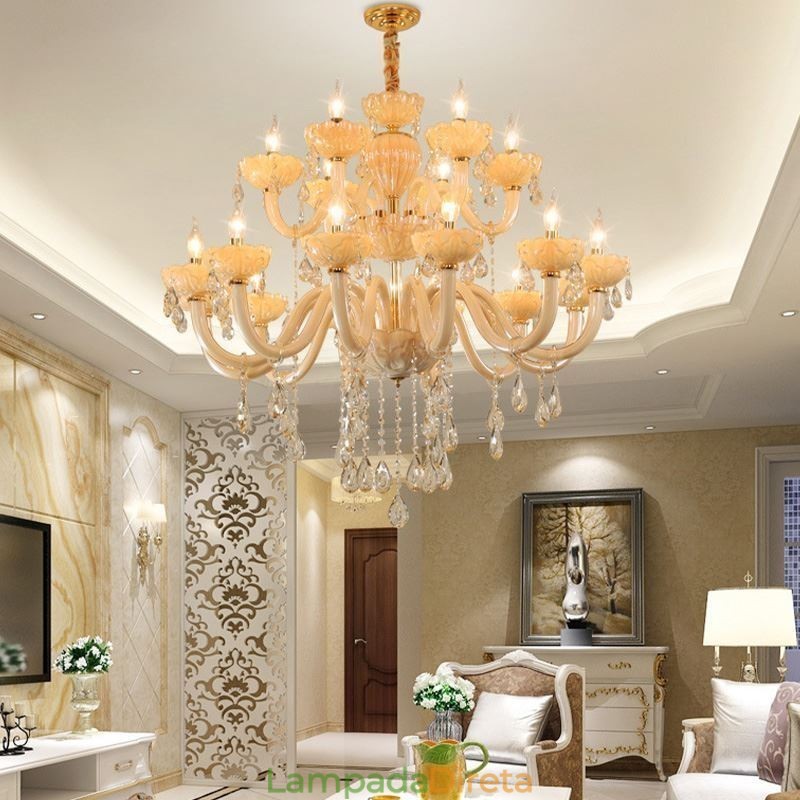 Lustre de cristal luxuoso europeu cor conhaque lâmpada de teto corpo de vidro camada dupla 12 + 6 luzes