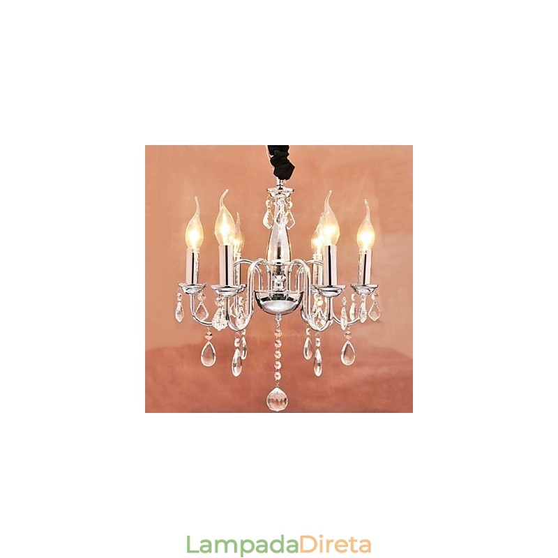 Luminária pendente de cristal com 6 luzes em formato de vela