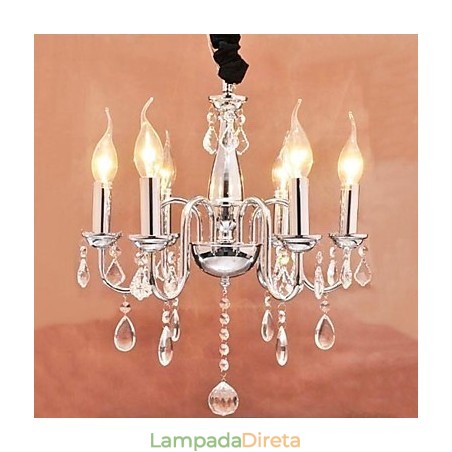 Luminária pendente de cristal com 6 luzes em formato de vela Luminária pendente de cristal com 6 luzes em formato de vela