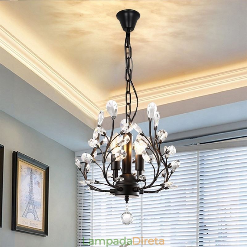 Lustre retrô preto de cristal para teto