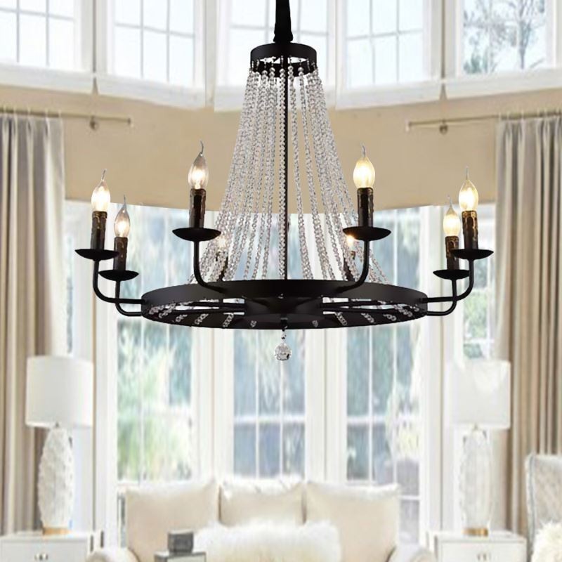 Lustre de vela de ferro preto com iluminação de pingente de cristal vintage