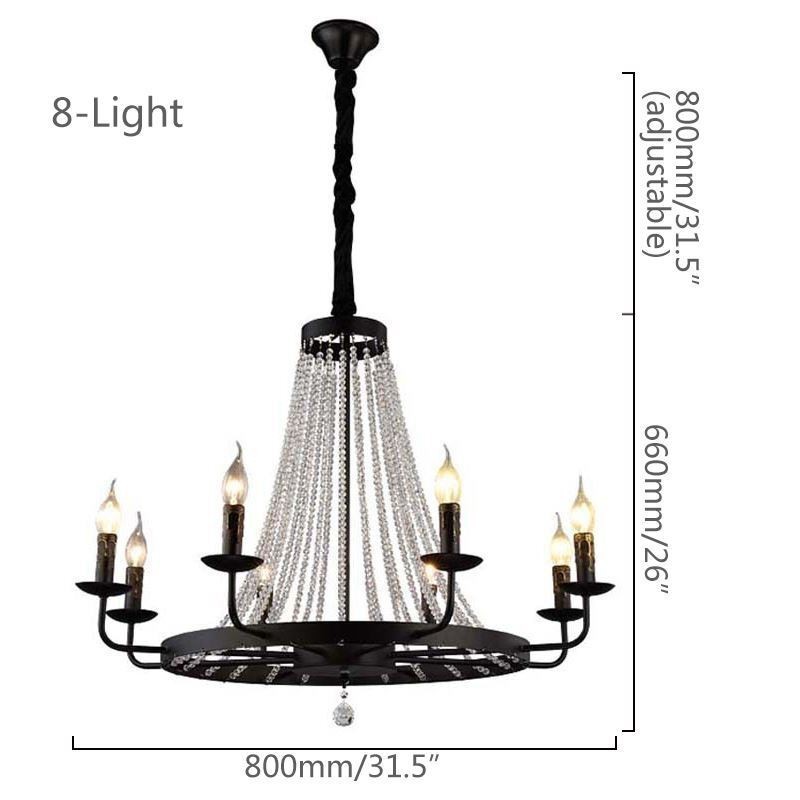 Lustre de vela de ferro preto com iluminação de pingente de cristal vintage