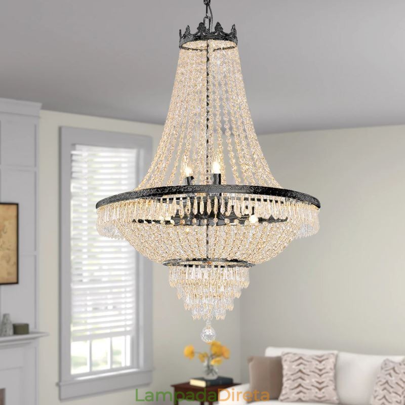 Lustre de cristal clássico estilo império preto luz pendente 9 luzes