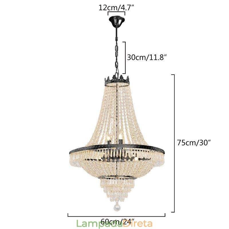Lustre de cristal clássico estilo império preto luz pendente 9 luzes