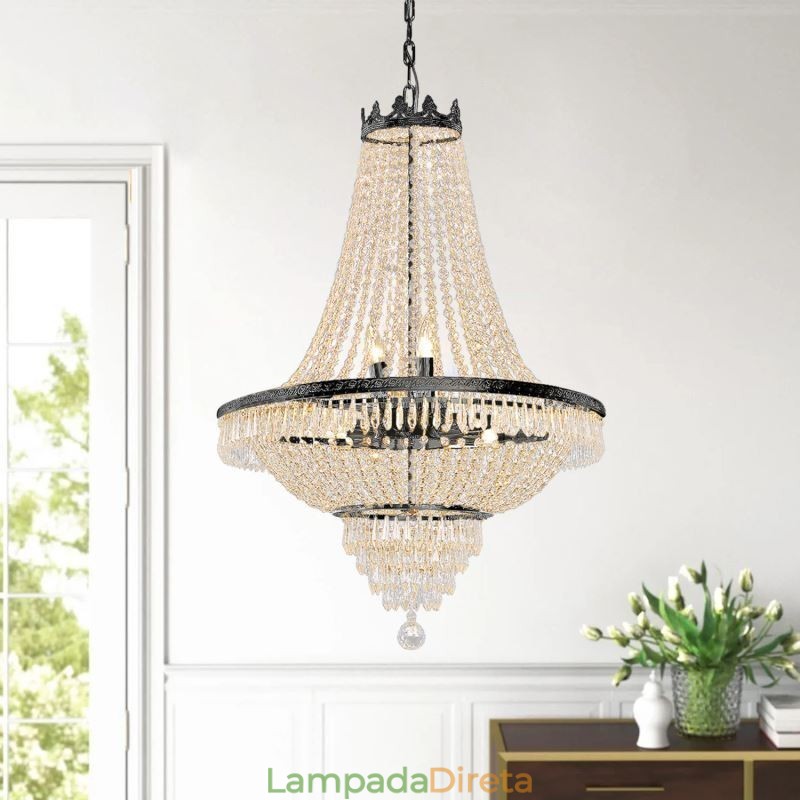 Lustre de cristal clássico estilo império preto luz pendente 9 luzes