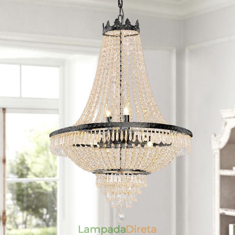 Lustre de cristal clássico estilo império preto luz pendente 9 luzes