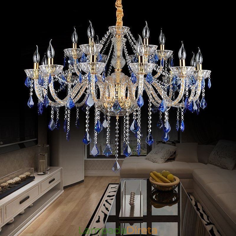 Lustre de Cristal Europeu Luxo Pingente Azul Claro Pingente