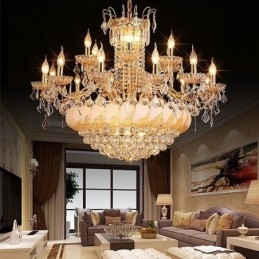 Grande lustre de cristal de luxo europeu com luz de teto dourada
