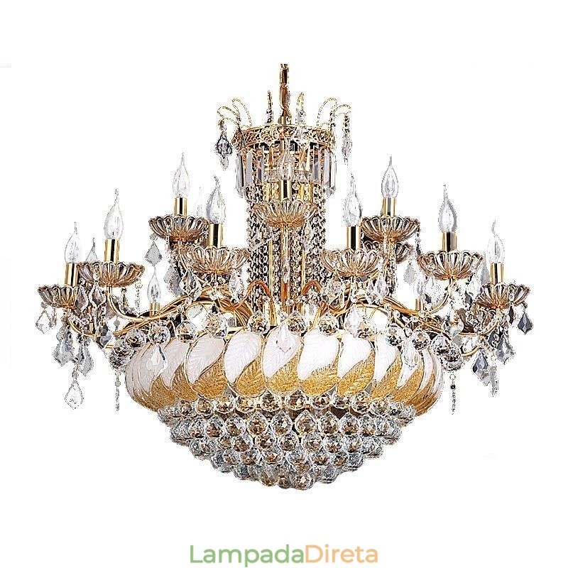 Grande lustre de cristal de luxo europeu com luz de teto dourada