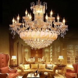 Grande lustre de cristal de luxo europeu com luz de teto dourada