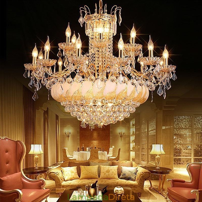 Grande lustre de cristal de luxo europeu com luz de teto dourada