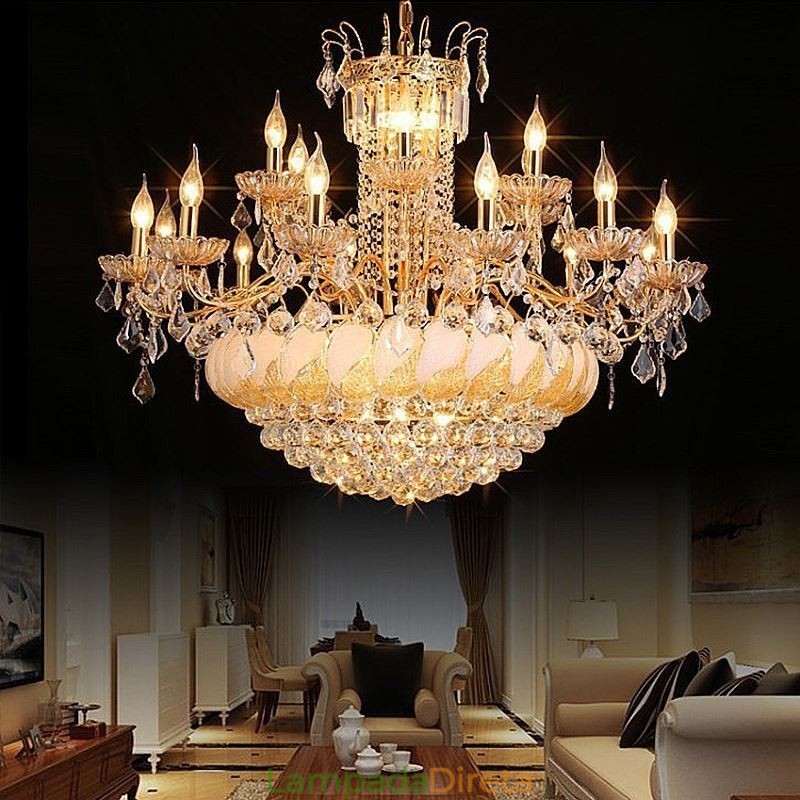 Grande lustre de cristal de luxo europeu com luz de teto dourada