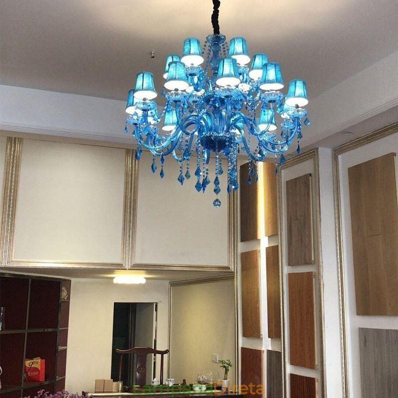 Grande Lustre de Cristal Europeu Pendente Azul Claro Cor Estética