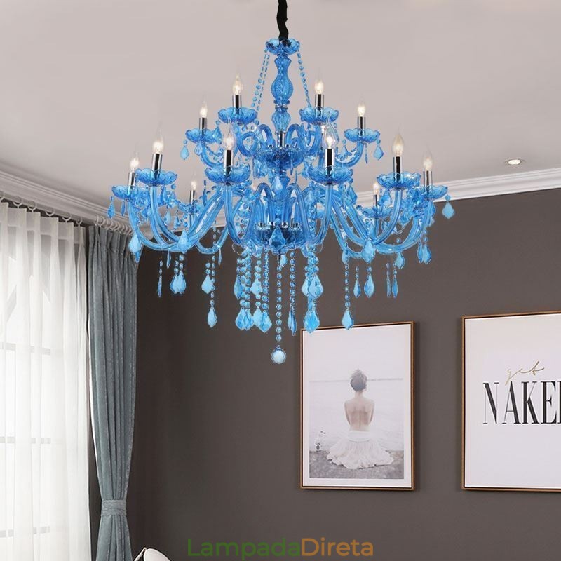 Grande Lustre de Cristal Europeu Pendente Azul Claro Cor Estética
