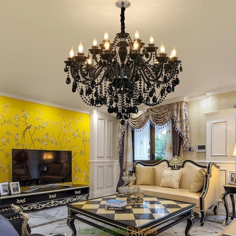 Lustre de cristal de luxo estilo europeu, luz pendente preta
