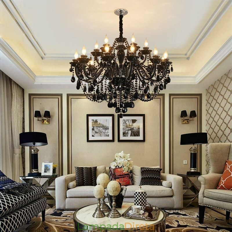 Lustre de cristal de luxo estilo europeu, luz pendente preta