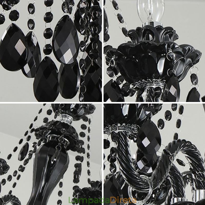 Lustre de cristal de luxo estilo europeu, luz pendente preta